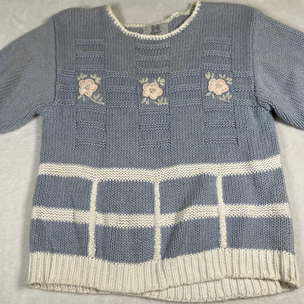 Vintage‎ Higbee's Sweater Womens Medium Blue White Floral Knit Short Sleeve 80s